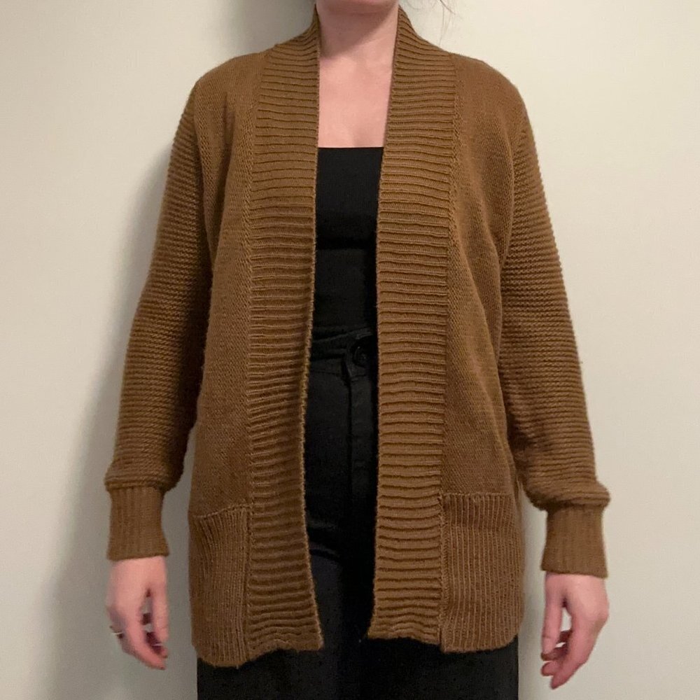 Dark tan open front ribbed knit cardigan